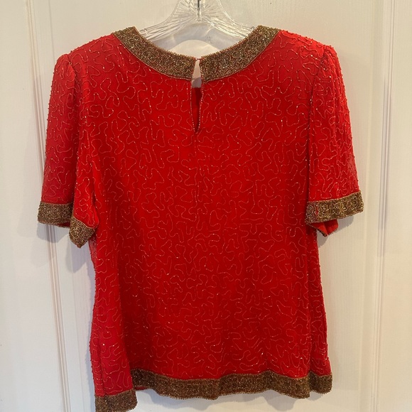 Laurence Kazar Womens Vintage Red & gold Beaded Silk short sleeve Blouse sz XL - Picture 5 of 5
